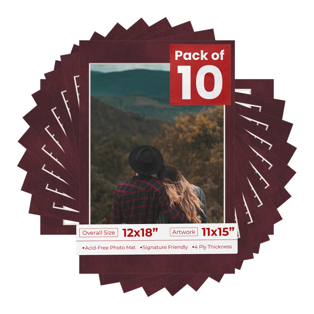 Dark Red Suede Mat Board for 12x18 Frames - Fits 11x15 Photos